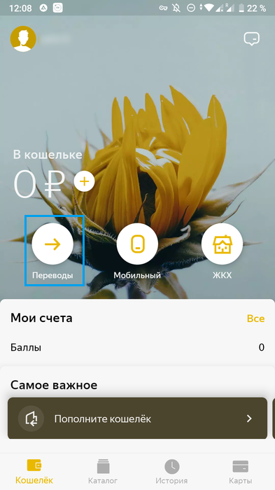 Переход к снятию денег с карты Яндекс.Деньги через мобильное приложение