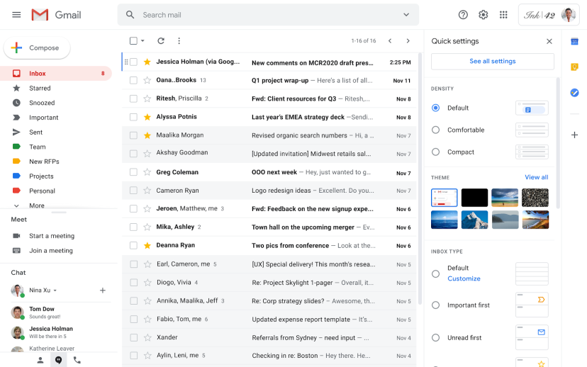 Google внедряет новое меню быстрых настроек Gmail