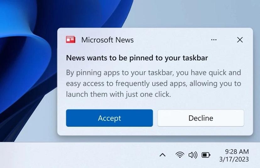 Windows 11 будет запрашивать разрешение перед закреплением приложений