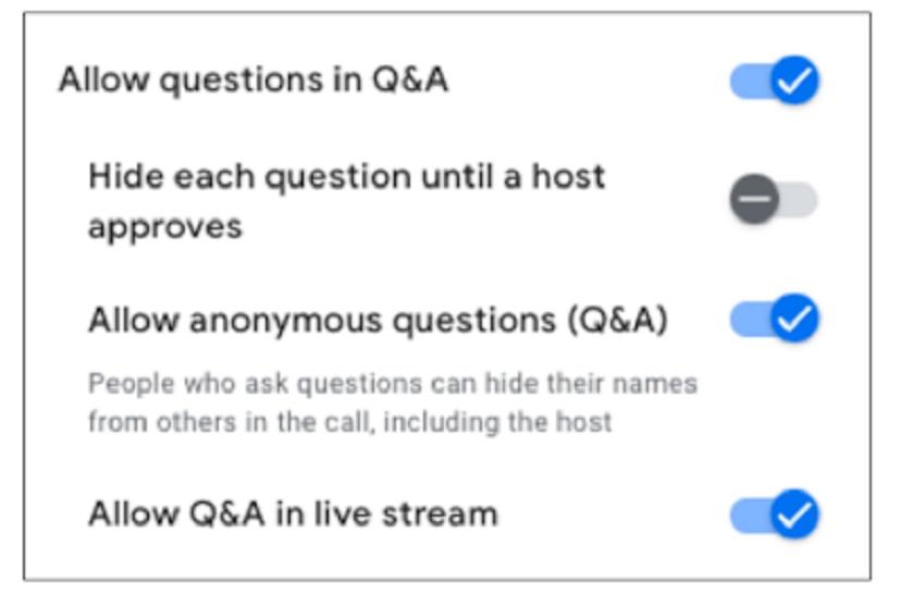 В Google Meet внедрили возможность включать и отключать вопросы и ответы для зрителей прямых трансляций