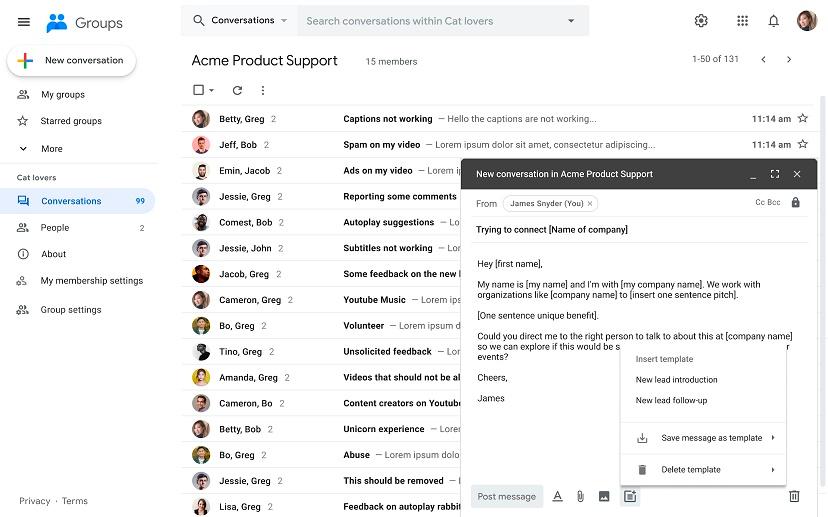 Google Workspace позволяет создавать, измененять и вставлять шаблоны электронной почты в сообщениях групп