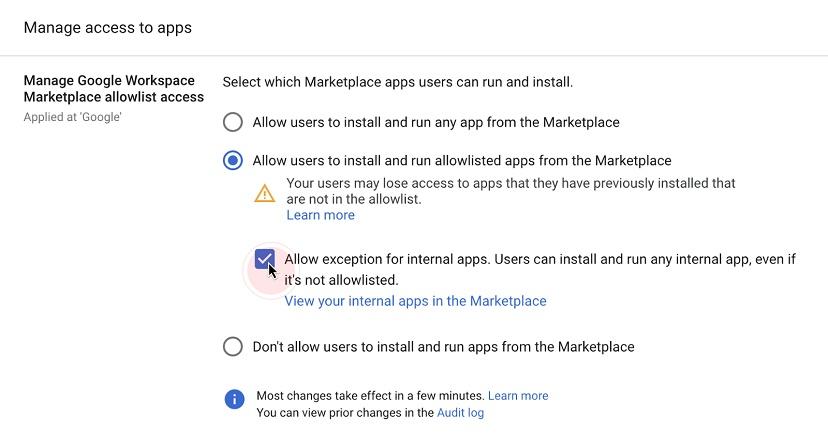 В Google Workspace появилась возможность разрешать устанавливать и запускать приложения из Marketplace